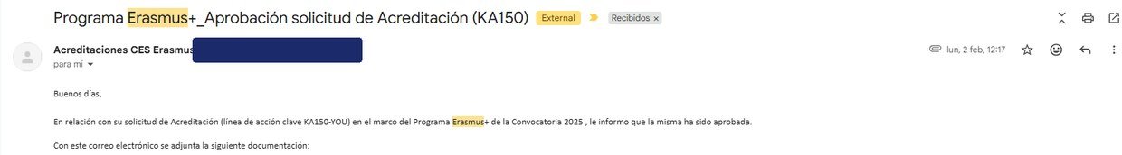 Correo de la Agencia Nacional Española comunicando la aprobación de una Acreditación Erasmus+ KA150-YOU