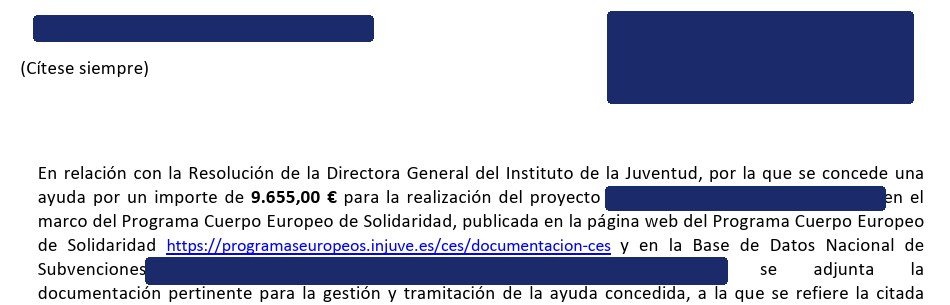Resolución del Instituto de la Juventud concediendo 9.655,00 euros a una entidad en el marco del Cuerpo Europeo de Solidaridad